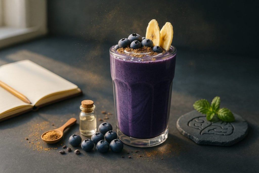 Blueberry Brain Smoothie in glass – natural cognitive boost