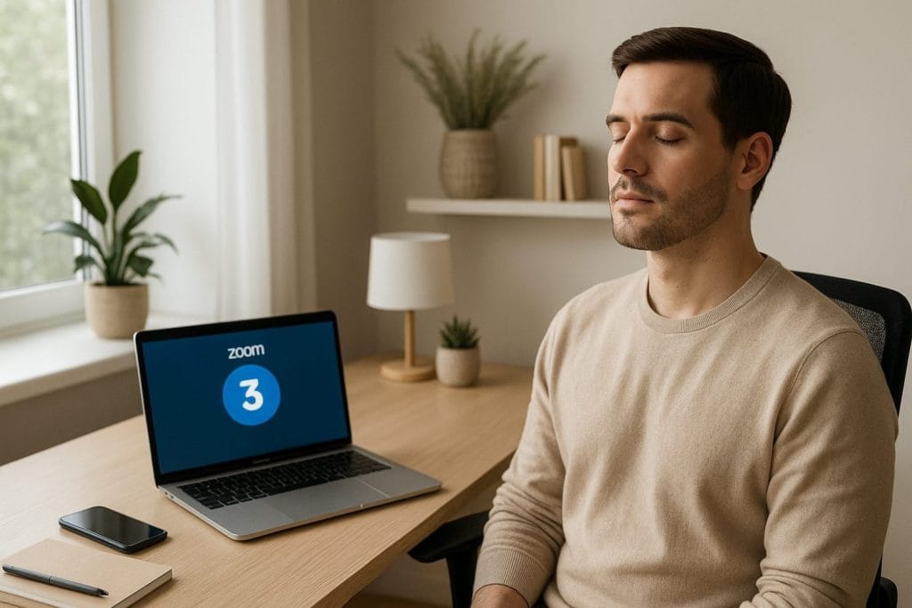 Breathing reset before online meeting – person in breath awareness posture