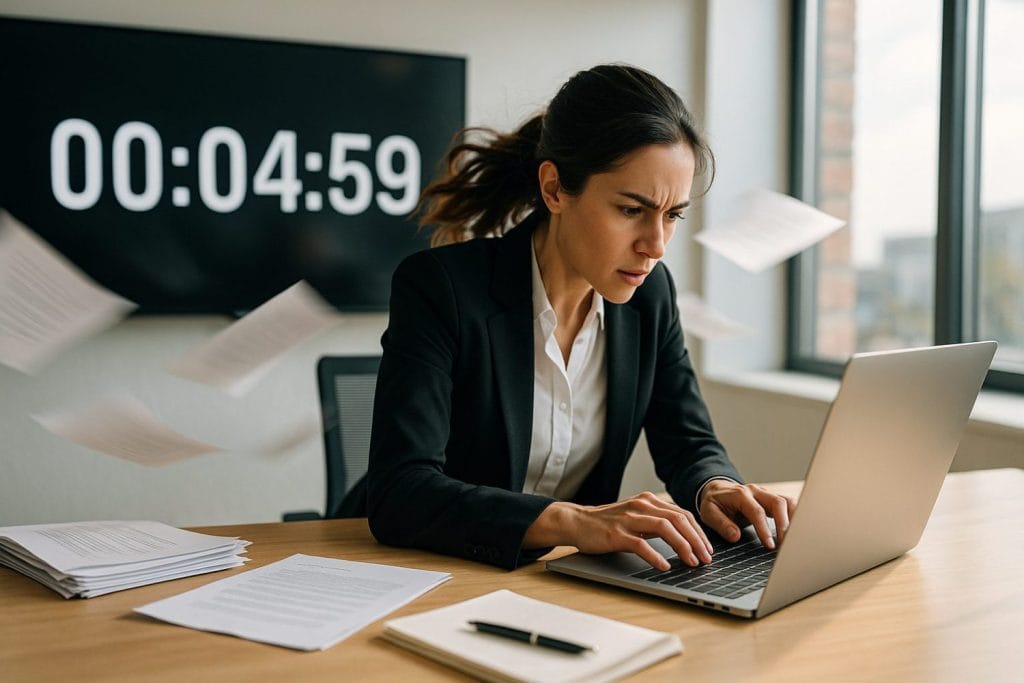 Sanguine type working intensely in front of a countdown timer before a deadline