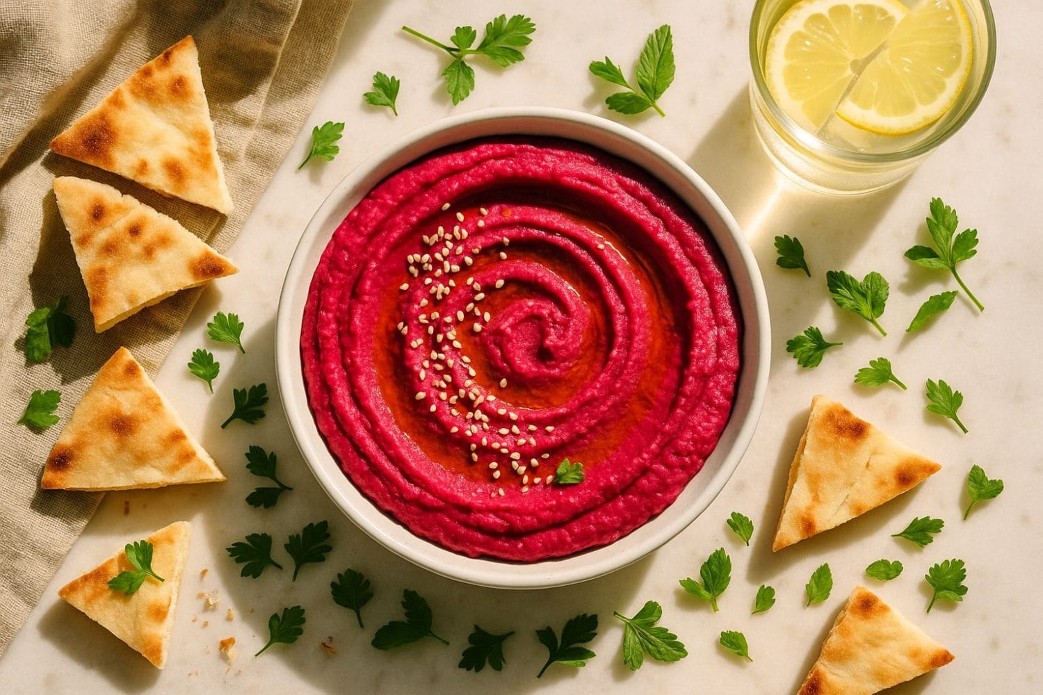 hummus από παντζάρι σε λευκό μπολ