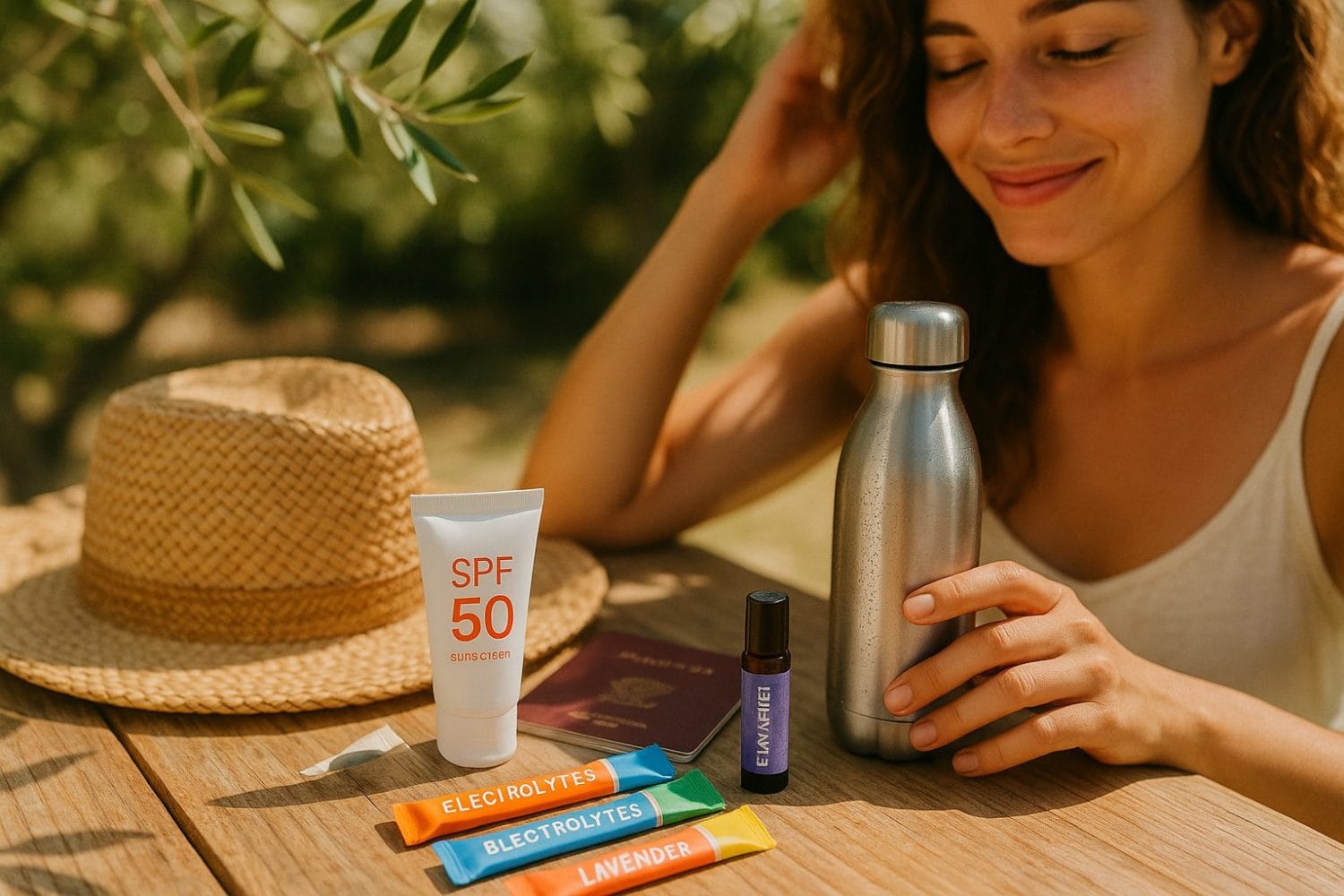 Διακοπές flat lay ταξιδιωτικού φαρμακείου & μπουκάλι