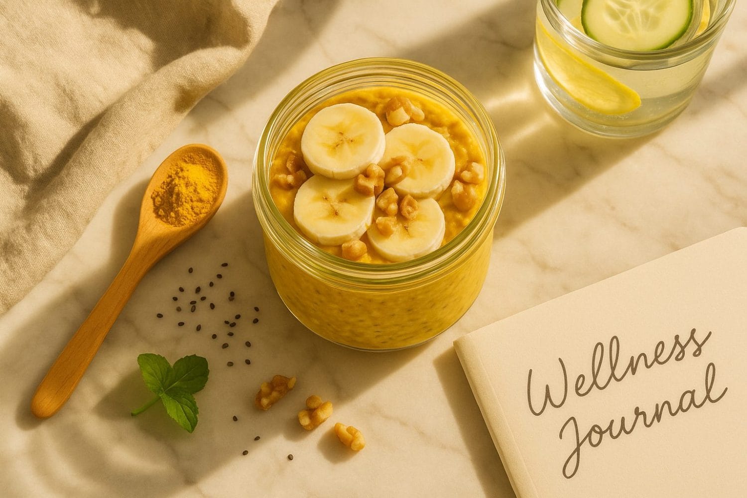 overnight oats σε γυάλινο βάζο με φρέσκα φρούτα και κουρκουμά