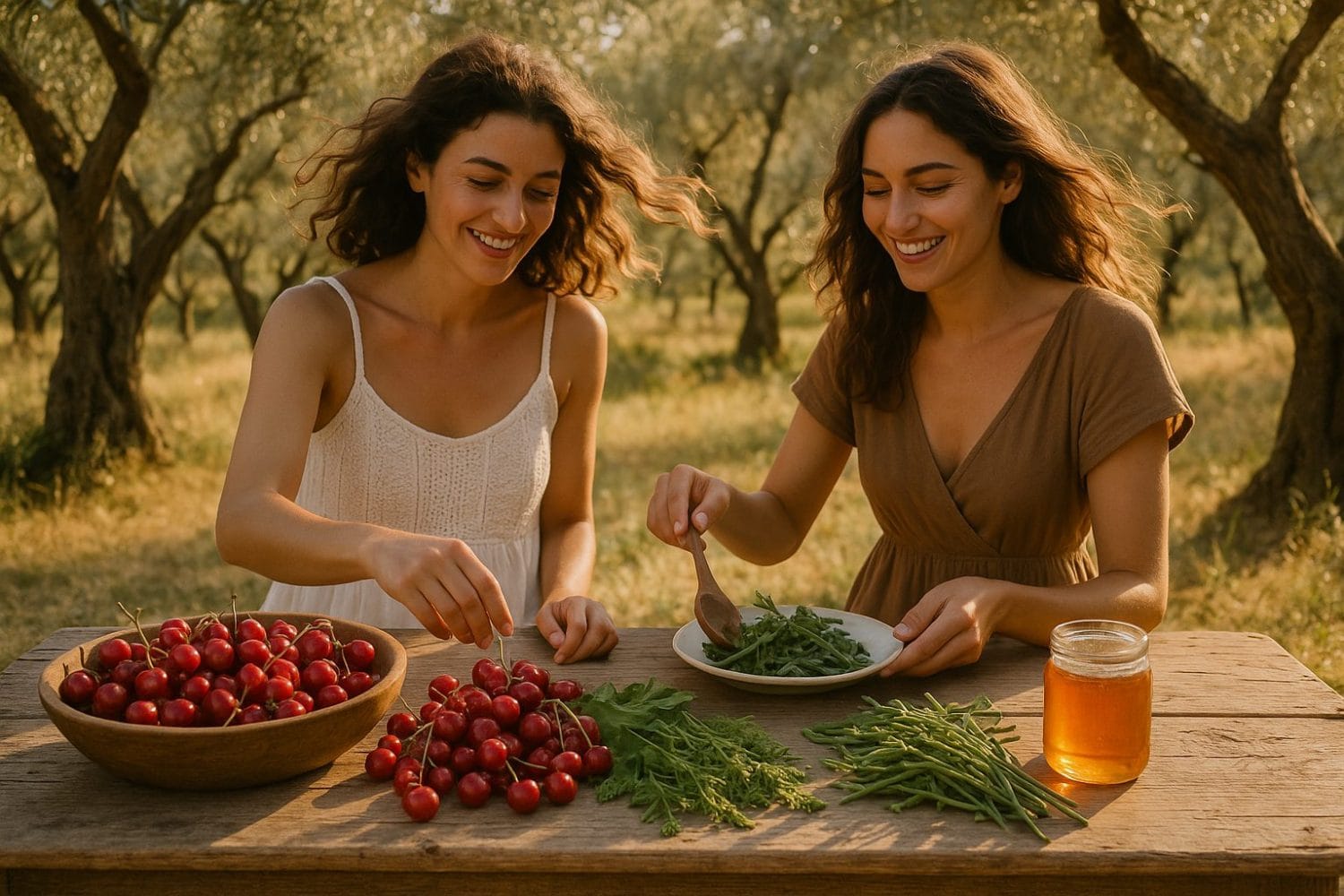 superfoods Ιουνίου σε ξύλινο τραπέζι με κεράσια, βλήτα και μέλι