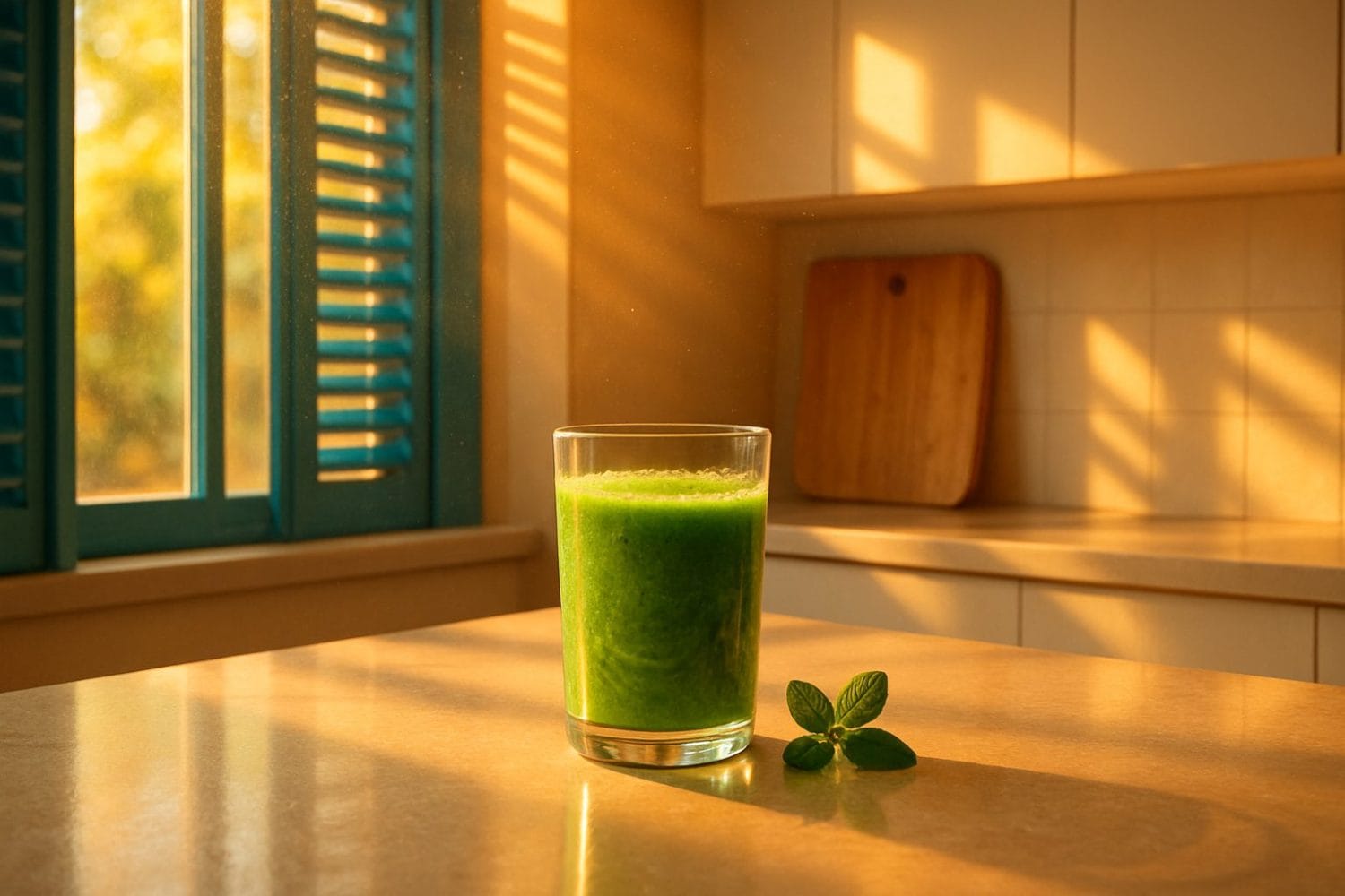 48 h Sugar Detox - ποτήρι πράσινου detox smoothie με φύλλο μέντας σε φωτεινή καλοκαιρινή κουζίνα