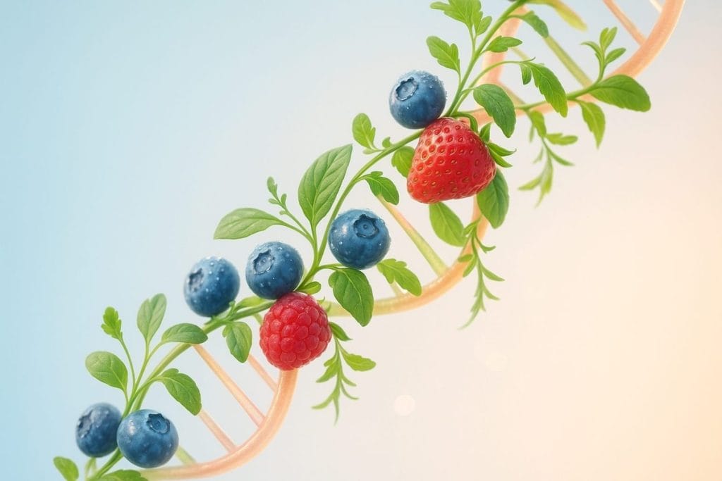 Διατροφογενετική – DNA έλικα με μύρτιλα, βατόμουρο και φράουλα που δείχνει τη σχέση τροφών και γονιδίων