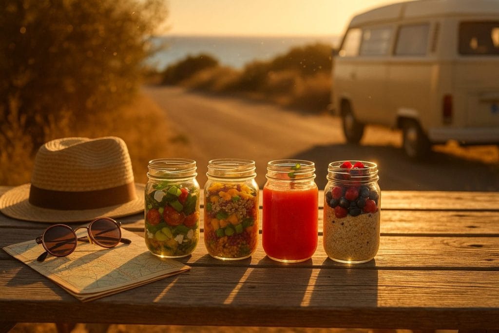 Θρέψη σε Road Trip – 4 meal‑prep βάζα σε ξύλινο τραπέζι στο ηλιοβασίλεμα, με καπέλο, γυαλιά και βαν στο βάθος