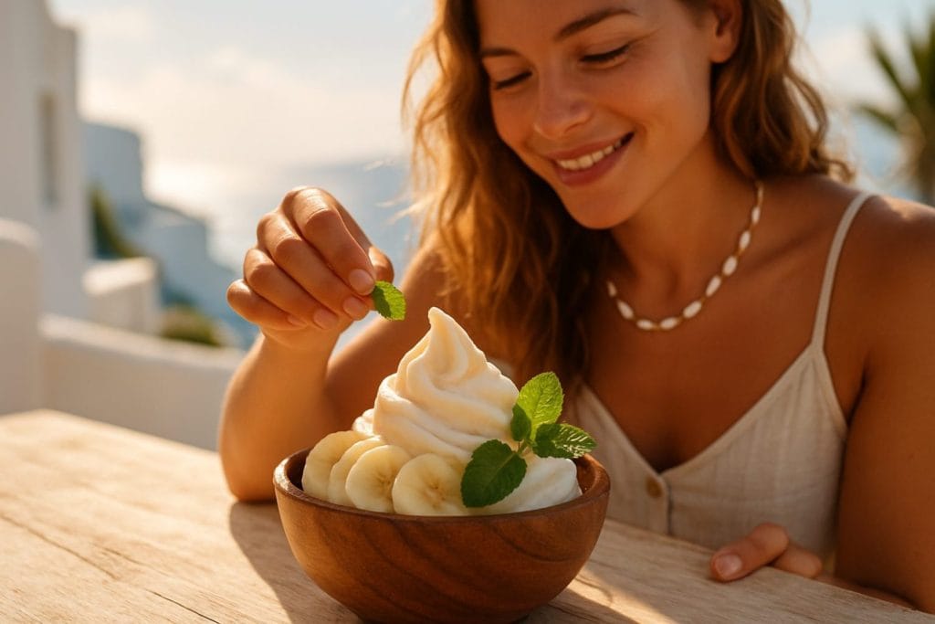 Παγωτό Nice Cream τριών συστατικών σε ξύλινο μπολ, με φέτες μπανάνας και φύλλα δυόσμου σε καλοκαιρινό μπαλκόνι