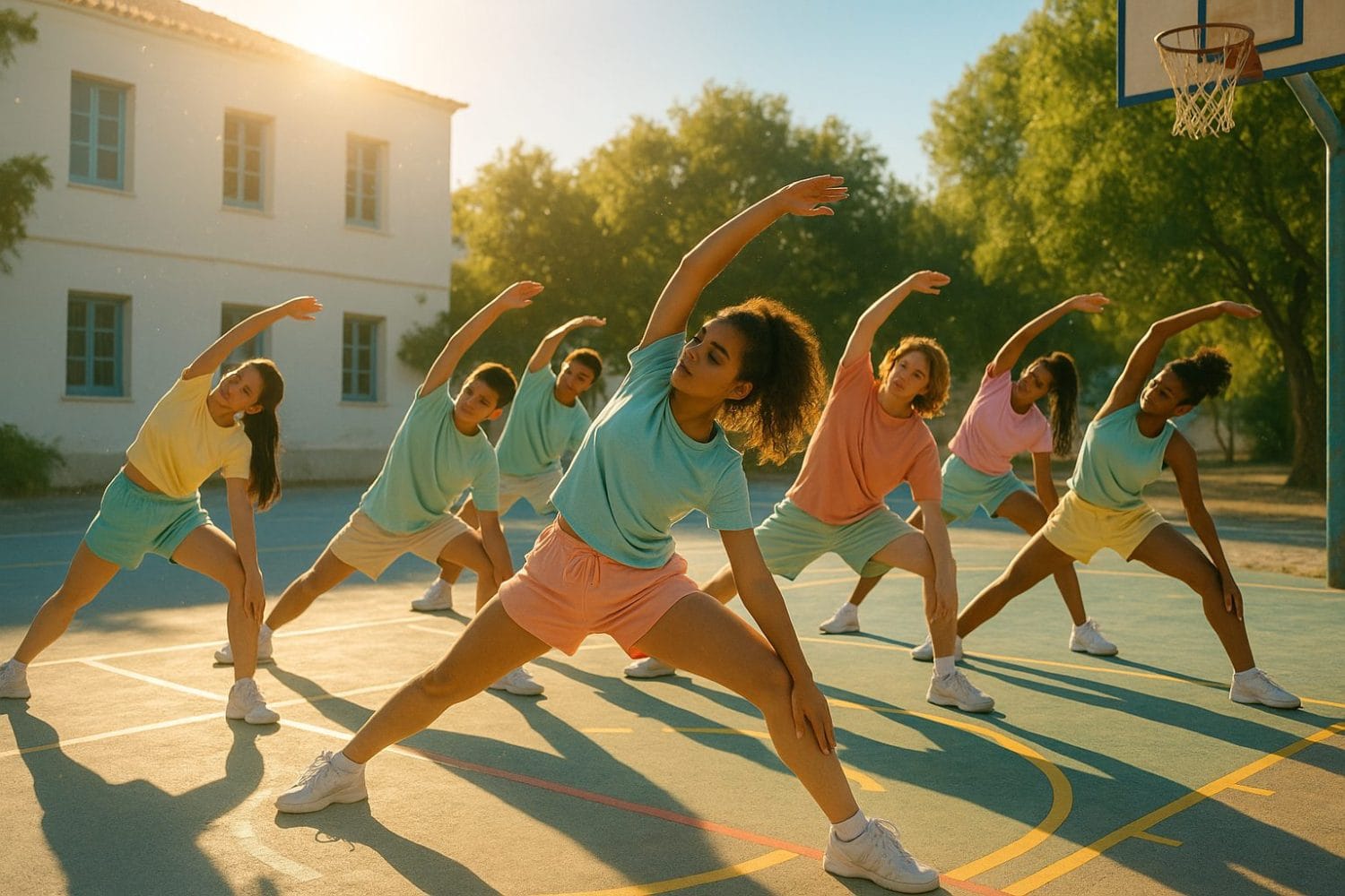 Back to school wellness – μαθητές κάνουν ομαδικές διατάσεις σε γήπεδο μπάσκετ στο ηλιοβασίλεμα
