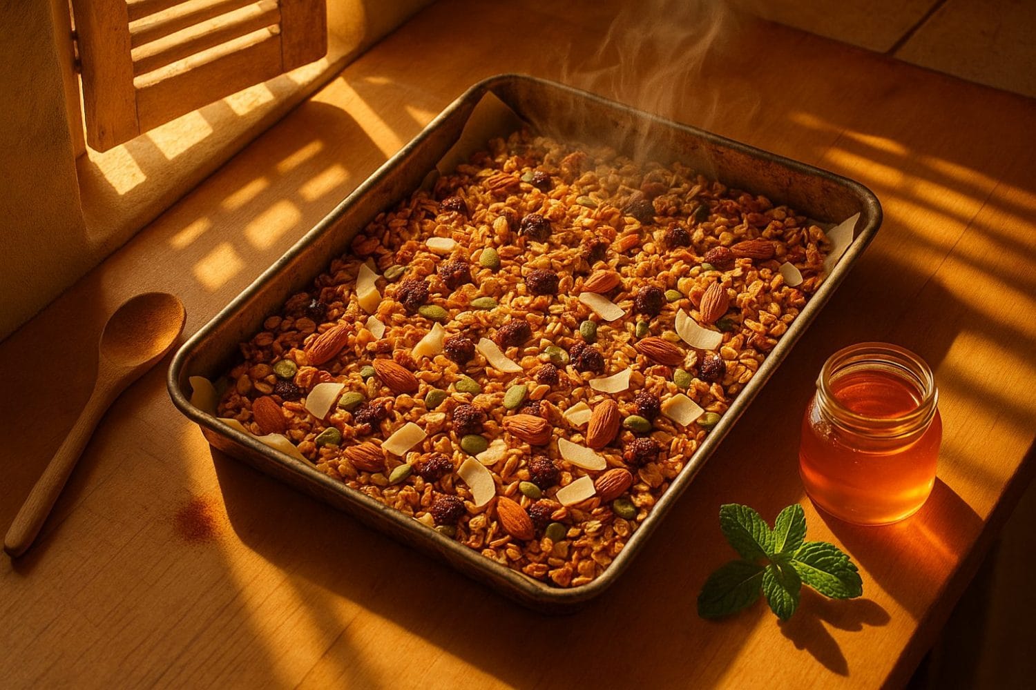 DIY granola χωρίς γλουτένη – ζεστό ταψί με νιφάδες, αμύγδαλα, σπόρους και μέλι σε κουζίνα με απογευματινό φως
