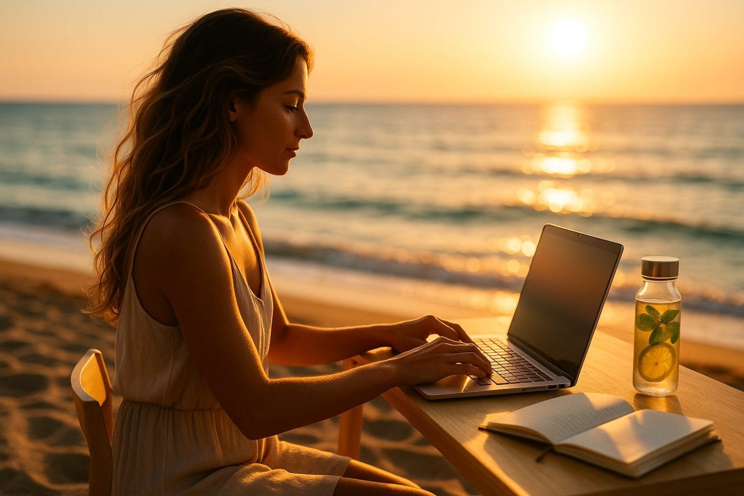 Μεταβολική ευελιξία στο beach‑office – γυναίκα εργάζεται με laptop στην παραλία, δίπλα σε νερό λεμονιού στο ηλιοβασίλεμα