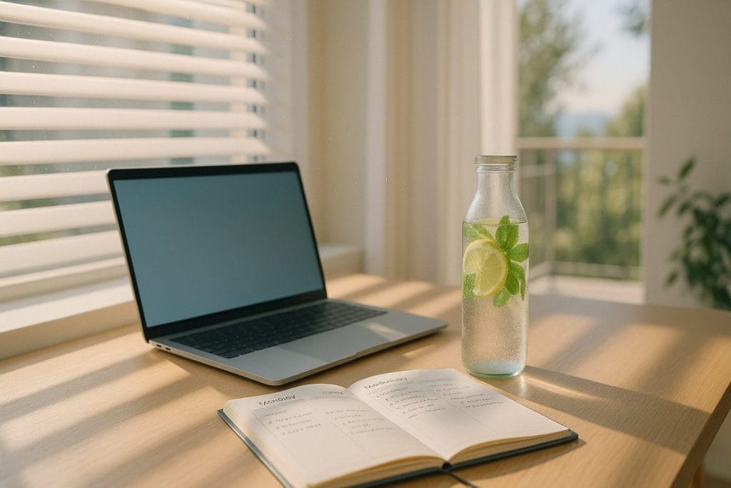 Επιστροφή από άδεια: 3ήμερο re‑entry plan χωρίς jet‑lag – laptop, ανοιχτό planner και νερό λεμόνι‑μέντα στο γραφείο