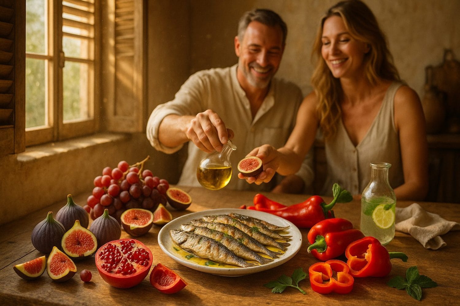 Αντιφλεγμονώδη τρόφιμα τέλους καλοκαιριού – ψάρια με ελαιόλαδο, σύκα, σταφύλια, ρόδι και κόκκινες πιπεριές