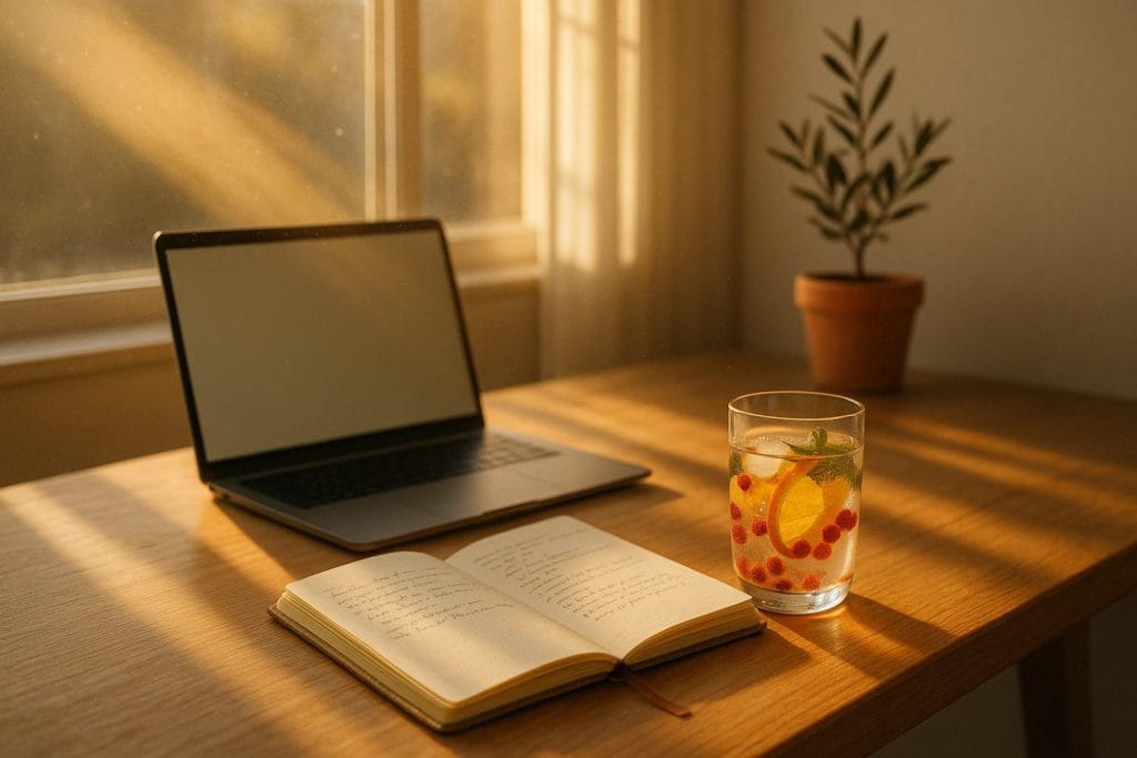 Back‑to‑office warm‑up – laptop, ανοιχτό planner και νερό πορτοκάλι‑μέντα σε γραφείο, soft‑landing στον Σεπτέμβρη