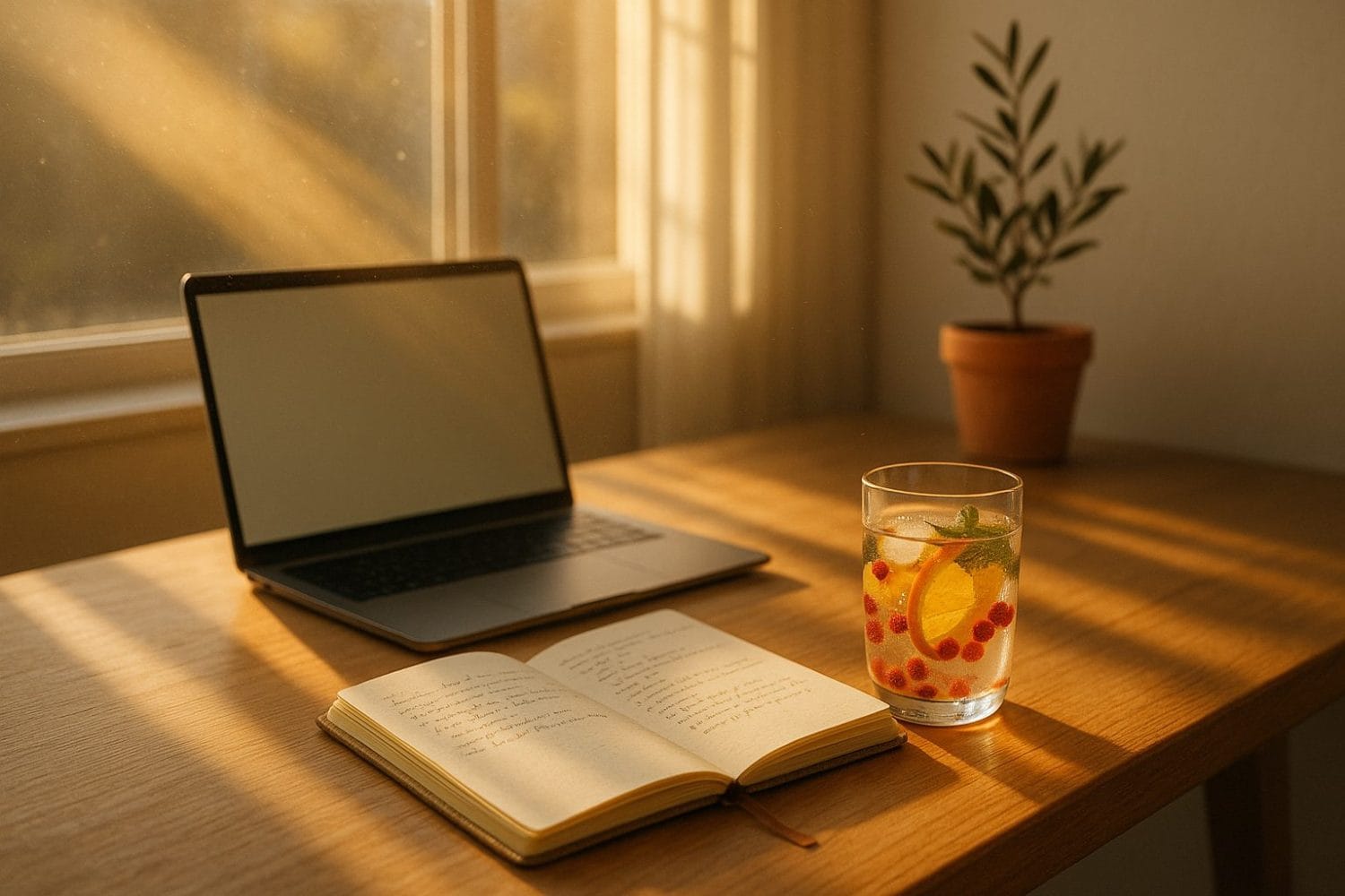 Back‑to‑office warm‑up – laptop, ανοιχτό planner και νερό πορτοκάλι‑μέντα σε γραφείο, soft‑landing στον Σεπτέμβρη