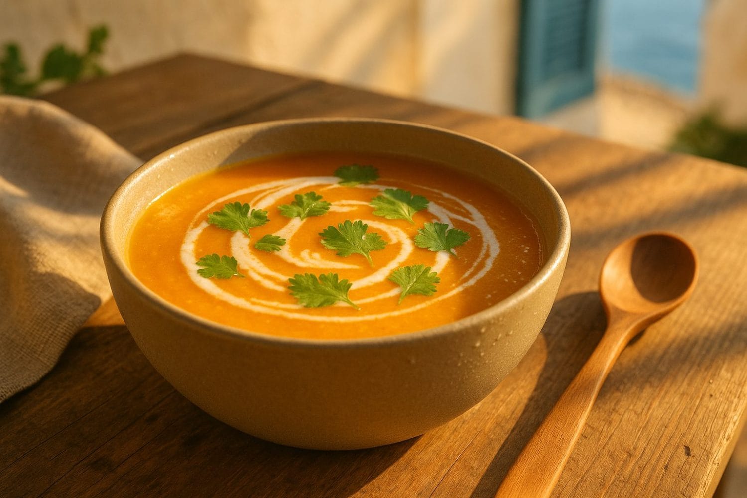Δροσιστική σούπα κολοκύθας-τζίντζερ σε μπολ, σπείρα γιαουρτιού και φύλλα κόλιανδρου, στο καλοκαιρινό φως