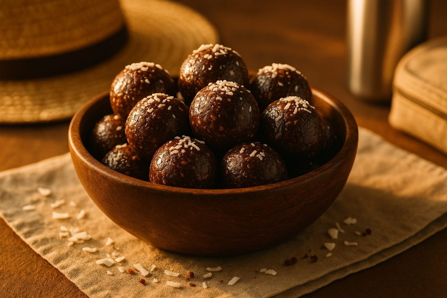 Energy balls Ταχίνι Κακάο για road‑trip – μπολ με σοκολατένιες μπουκιές με καρύδα σε λινή πετσέτα