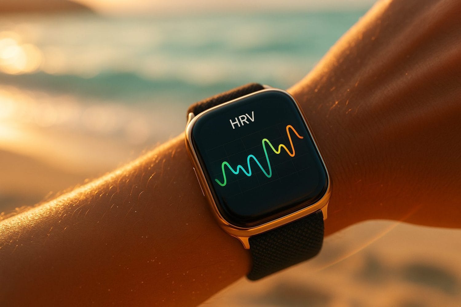 HRV στην παραλία – smartwatch σε καρπό δείχνει κυματομορφή HRV, μέτρηση στρες σε πραγματικό χρόνο στο ηλιοβασίλεμα