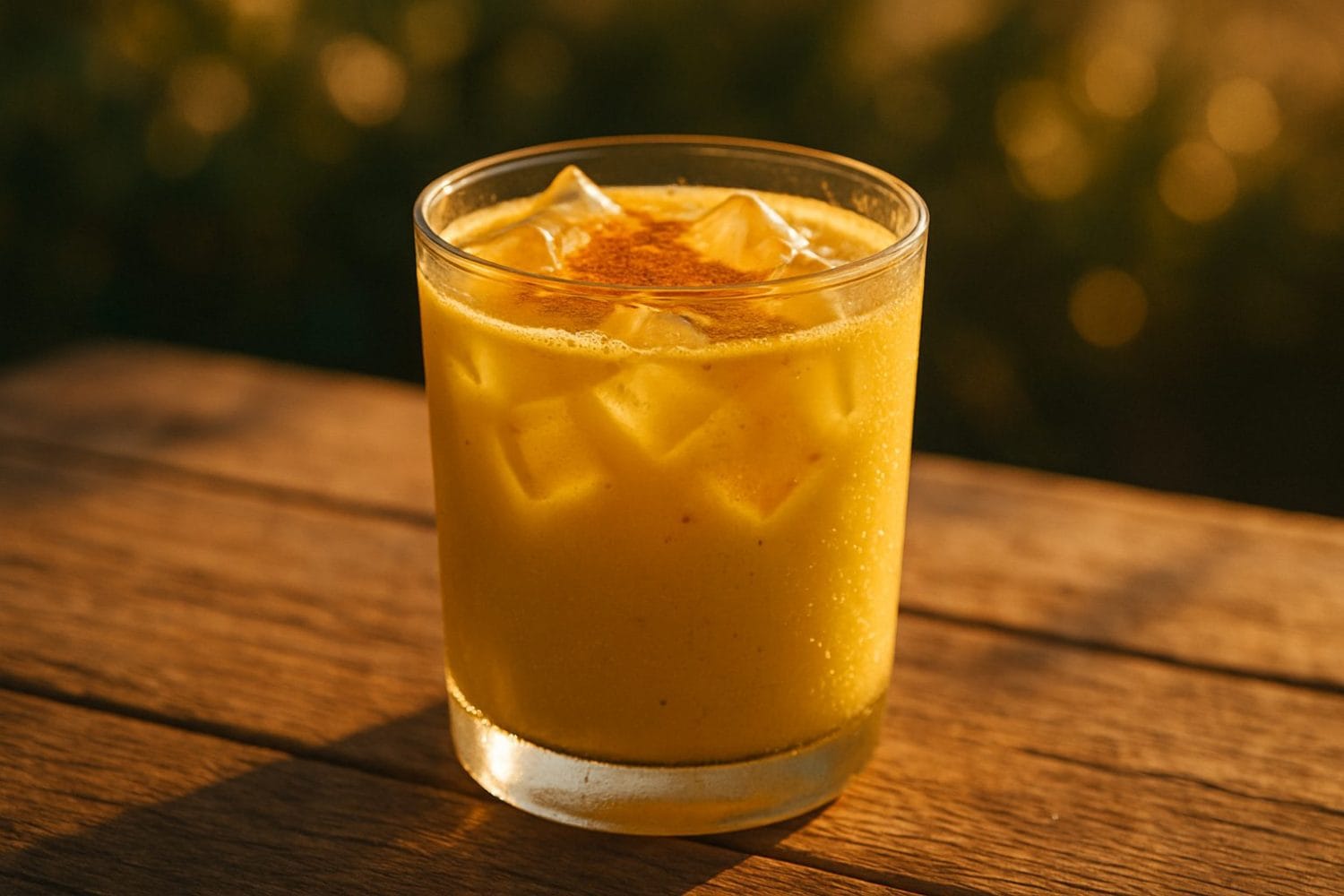 Iced χρυσό γάλα πριν τον ύπνο – ποτήρι με παγάκια και σκόνη μπαχαρικού στο καλοκαιρινό φως, χωρίς καφεΐνη