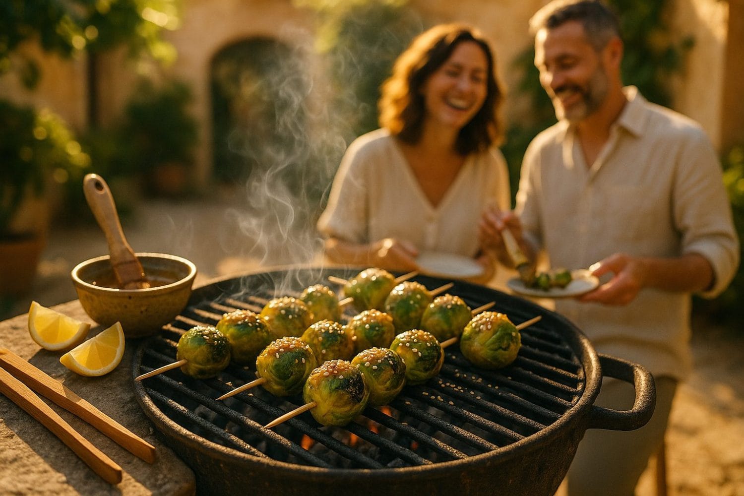 Ψητά λαχανάκια Βρυξελλών με μίσο – καλαμάκια στη σχάρα με σουσάμι και ατμό, πρώτη φθινοπωρινή βραδιά BBQ