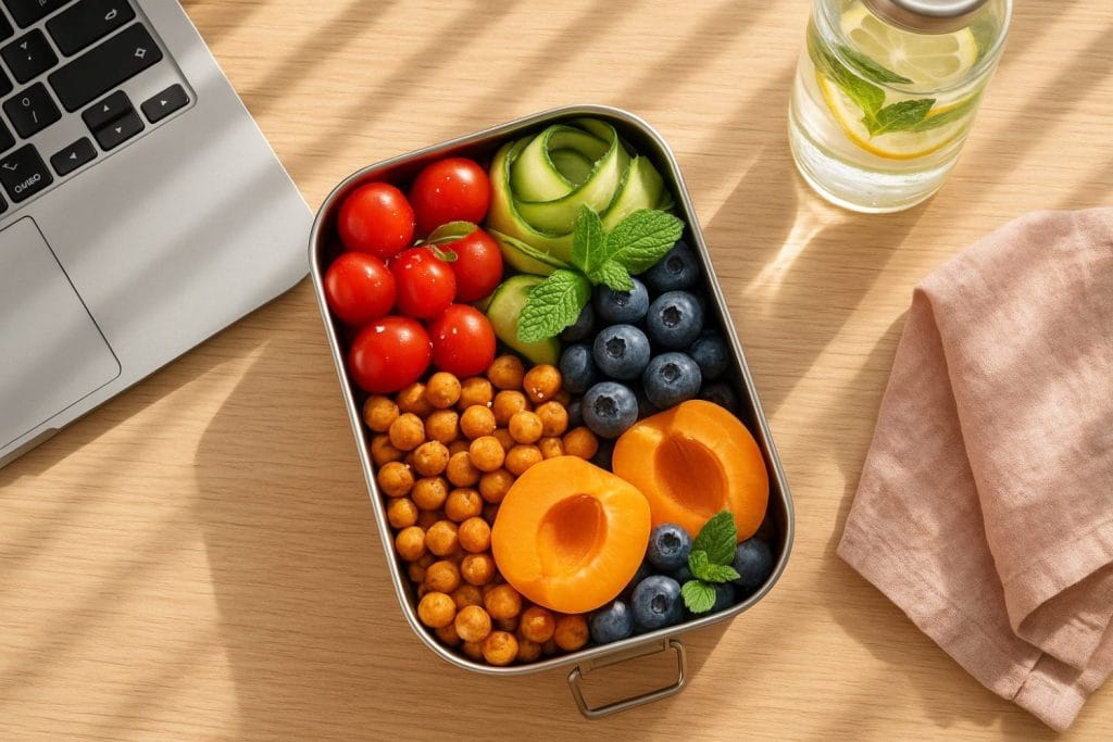 Probiotics on duty – lunchbox με ρεβίθια, μύρτιλα, ντοματίνια, αγγούρι & βερίκοκο δίπλα σε νερό λεμονιού στο γραφείο