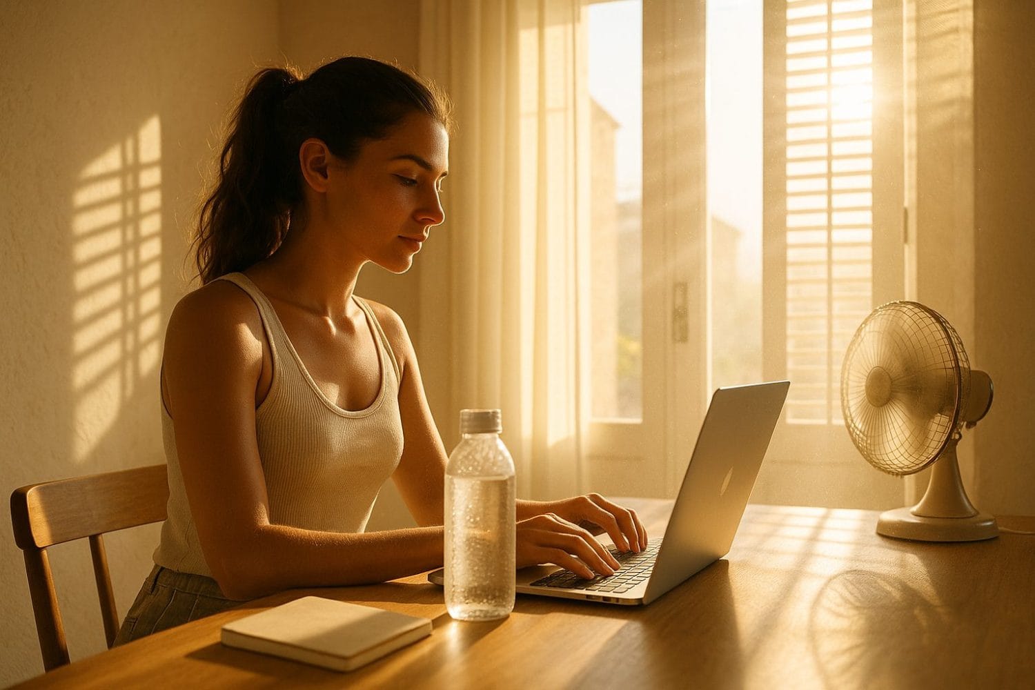Solo στο γραφείο τον Ιούλιο – γυναίκα δουλεύει σε laptop με μπουκάλι νερό και επιτραπέζιο ανεμιστήρα στο πρωινό φως