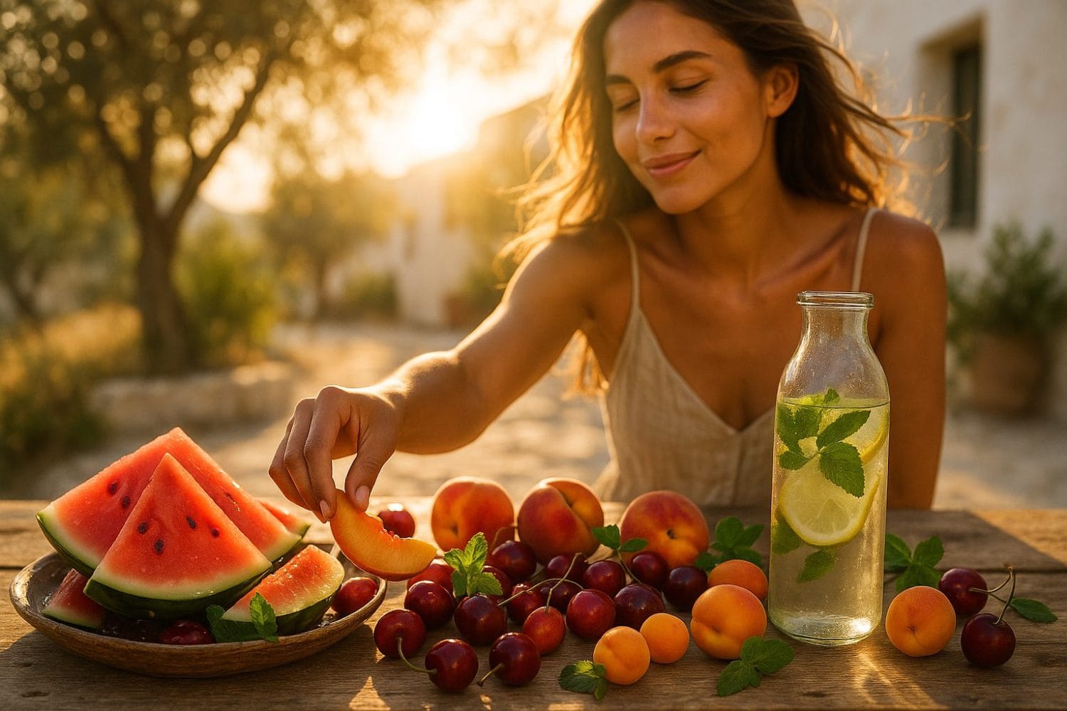 Καλοκαιρινή αποτοξίνωση ήπατος με φρούτα εποχής – καρπούζι, κεράσια, βερίκοκα, ροδάκινα και νερό λεμονιού σε αυλή