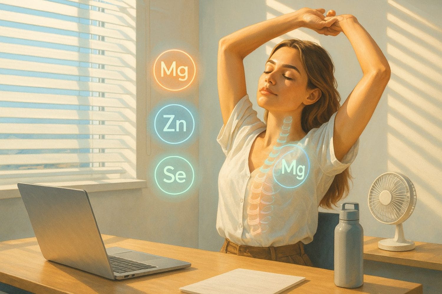 Μυοσκελετικός πόνος στην καρέκλα – τέντωμα στο γραφείο, εικονίδια Mg Zn Se, ανεμιστήρας και μπουκάλι νερό