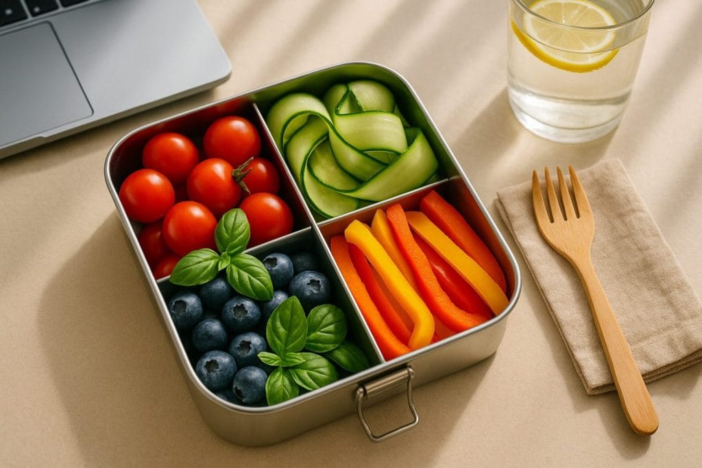 Zero‑waste lunch boxes – ανοξείδωτο δοχείο με ντοματίνια, αγγούρι, πιπεριές και μύρτιλα, δίπλα ποτήρι νερό με λεμόνι