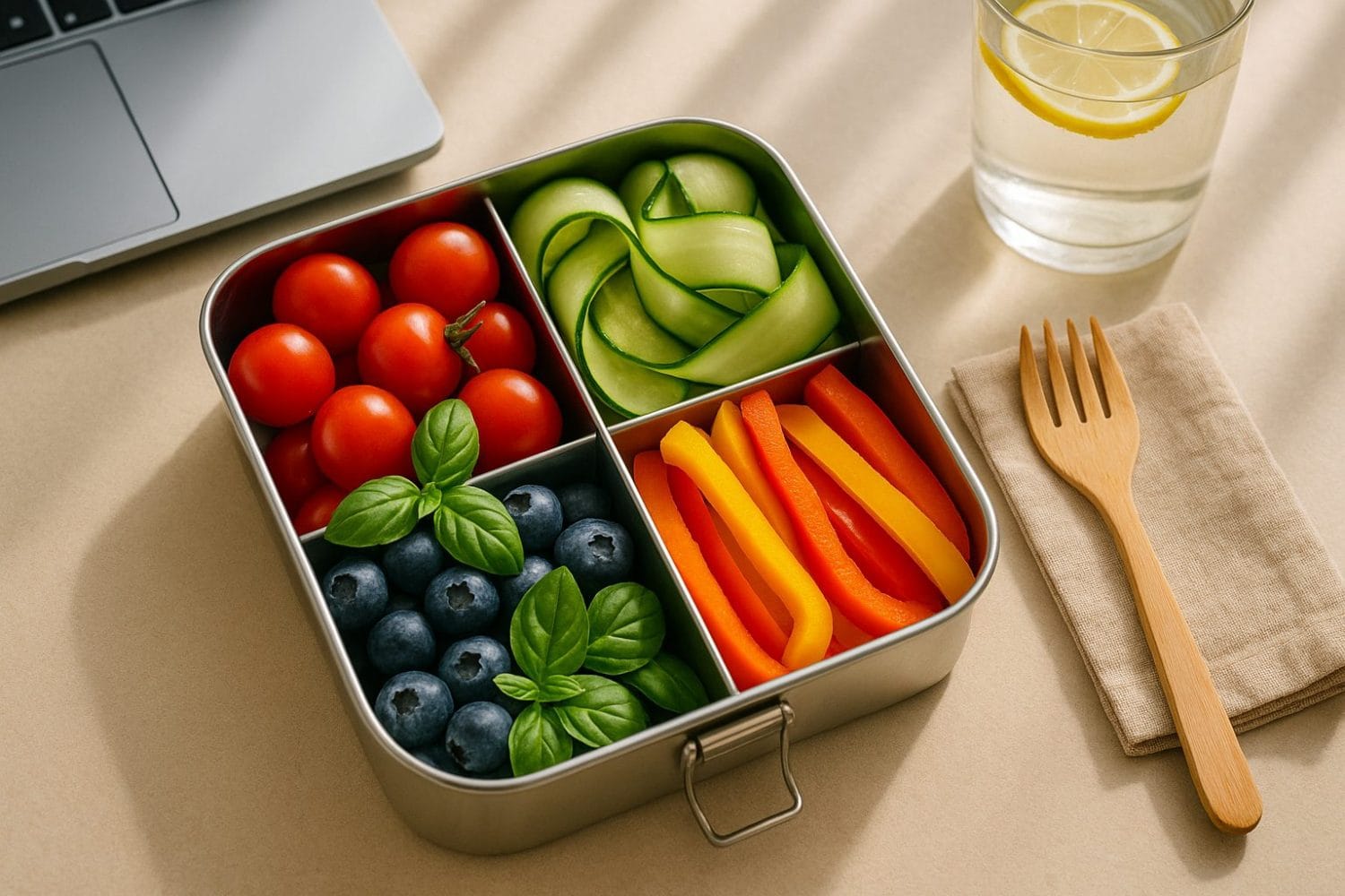 Zero‑waste lunch boxes – ανοξείδωτο δοχείο με ντοματίνια, αγγούρι, πιπεριές και μύρτιλα, δίπλα ποτήρι νερό με λεμόνι