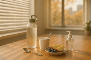 Χτίσε ανοσία πριν το πρώτο office‑cold – νερό, γιαούρτι, μήλο, μύρτιλα και αντισηπτικό στο γραφείο