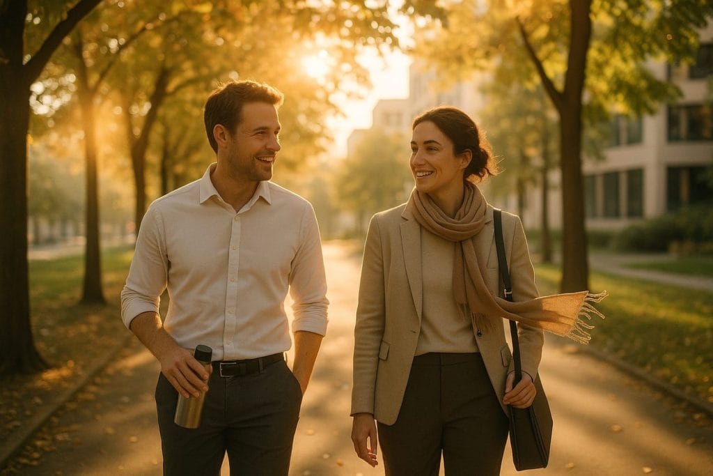Walking meetings στο πρώτο φθινοπωρινό αεράκι – δύο συνάδελφοι περπατούν σε δεντρόφυτο πάρκο
