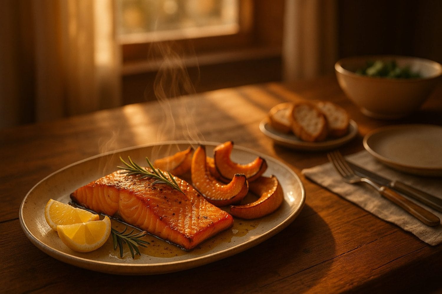 Φθινοπωρινά τραπεζώματα χωρίς φούσκωμα – αχνιστός σολομός με κολοκύθα, δεντρολίβανο και λεμόνι