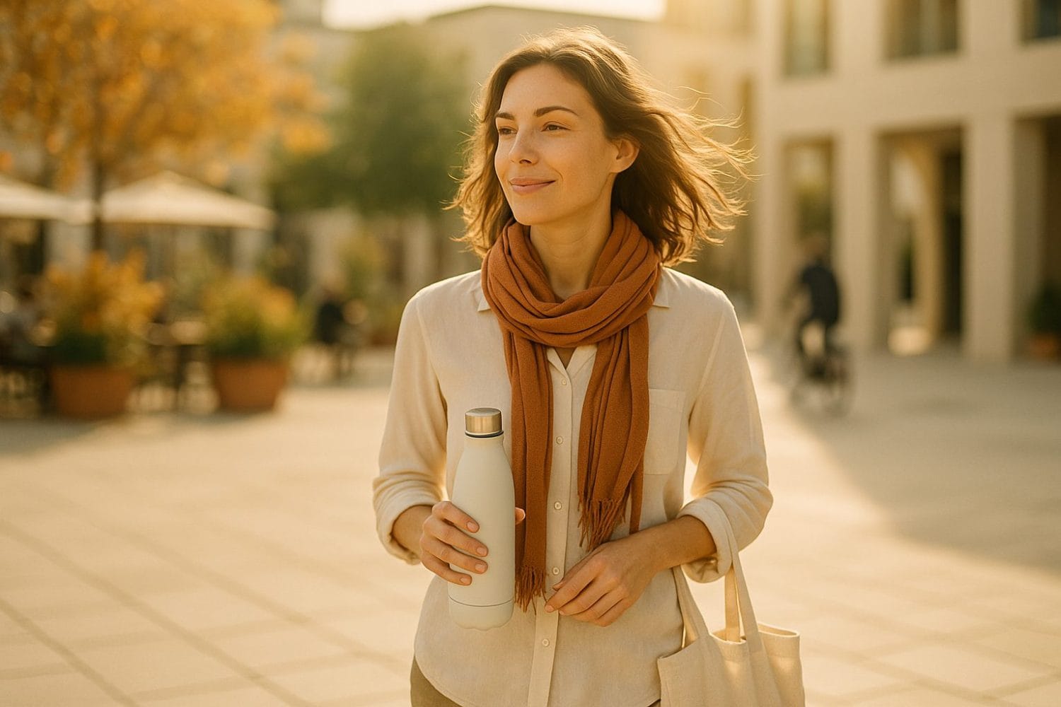 Βιταμίνη D. Φθινοπωρινός οδηγός για την επιστροφή στην πόλη – γυναίκα με κασκόλ κρατά παγούρι στο ζεστό πρωινό φως