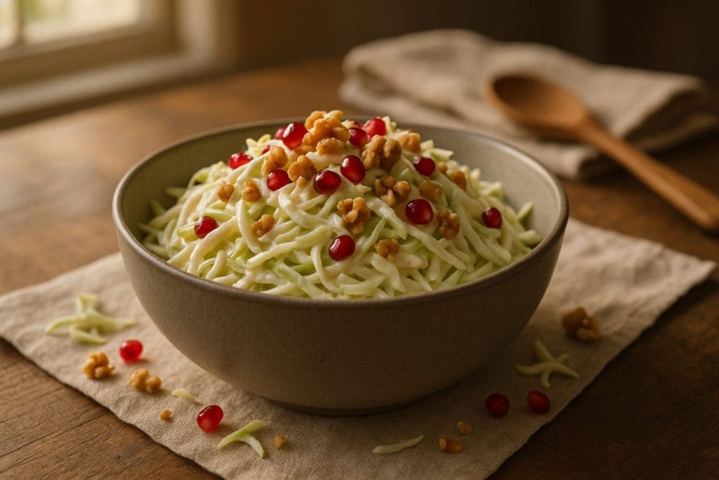 Coleslaw γιαούρτι‑μήλο δροσερή αλλά φθινοπωρινή – μπολ με λεπτοκομμένο λάχανο, ρόδι και καρύδι σε κρεμώδη σος