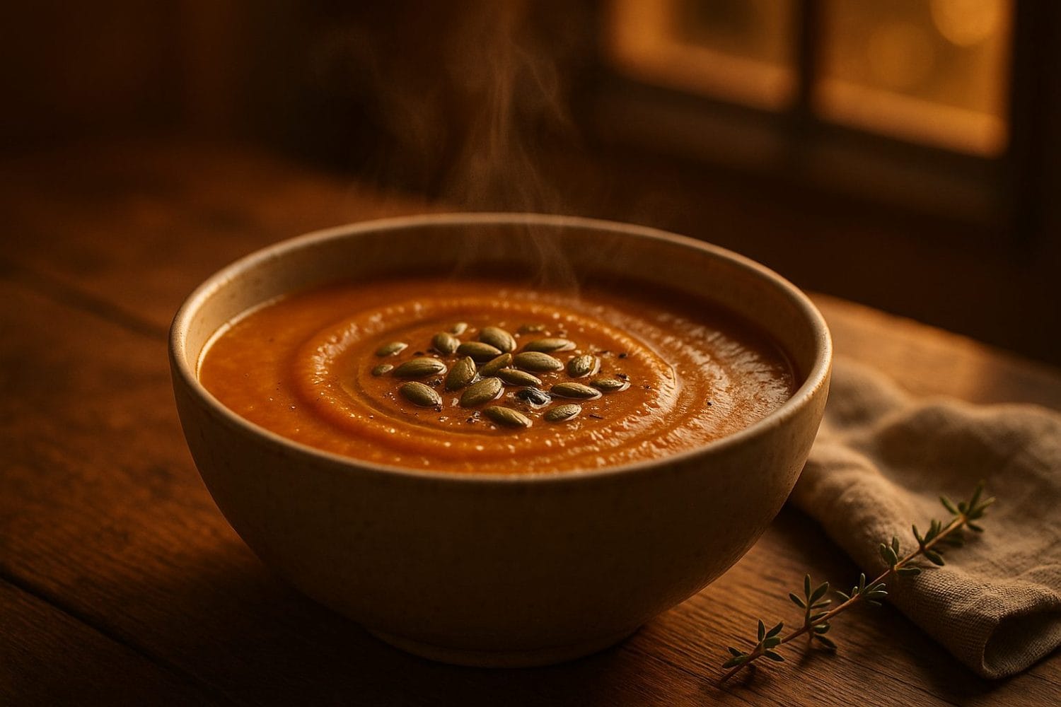 Comfort foods light για τα πρώτα κρύα – αχνιστή κολοκυθόσουπα με σπόρους κολοκύθας σε κεραμικό μπολ