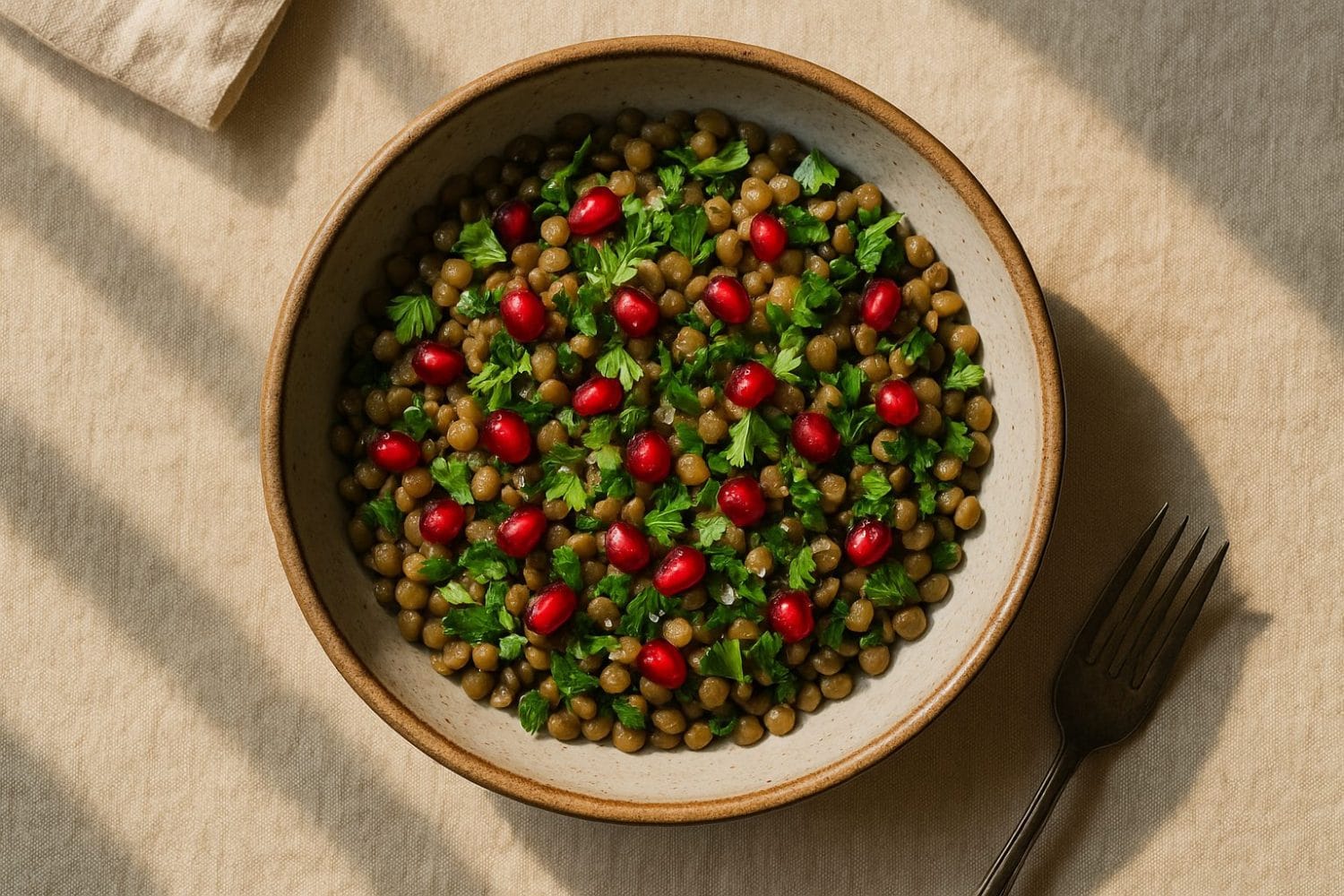 Σαλάτα φακές ρόδι superfood του Σεπτέμβρη – μπολ με φακές, μαϊντανό και σπόρους ροδιού