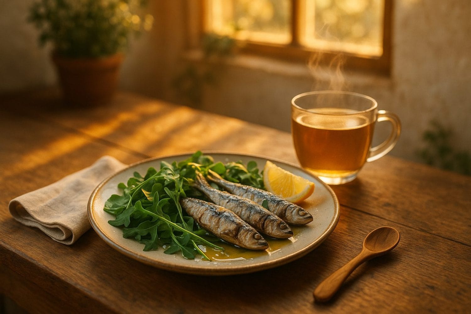 Φθινοπωρινές αλλεργίες: αντιφλεγμονώδες πιάτο με σαρδέλες, ρόκα, λεμόνι και ελαιόλαδο, δίπλα ζεστό τσάι σε φθινοπωρινό φως.