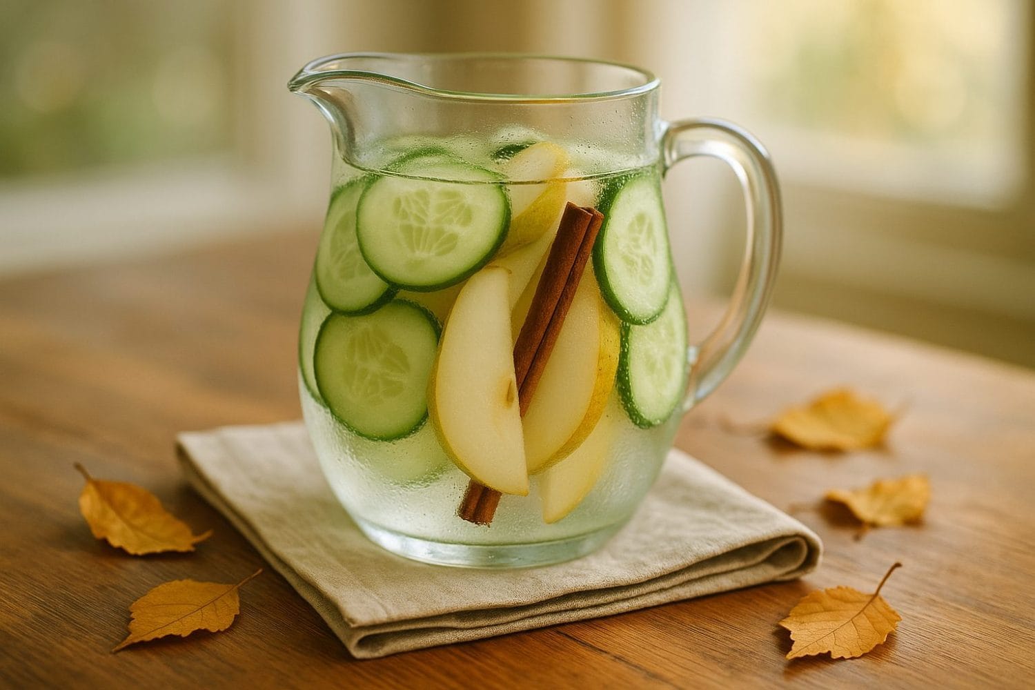 Detox water αγγουριού σε γυάλινη κανάτα, με φέτες αγγουριού, αχλάδι και ξυλάκι κανέλας — ήπια φθινοπωρινή ενυδάτωση.