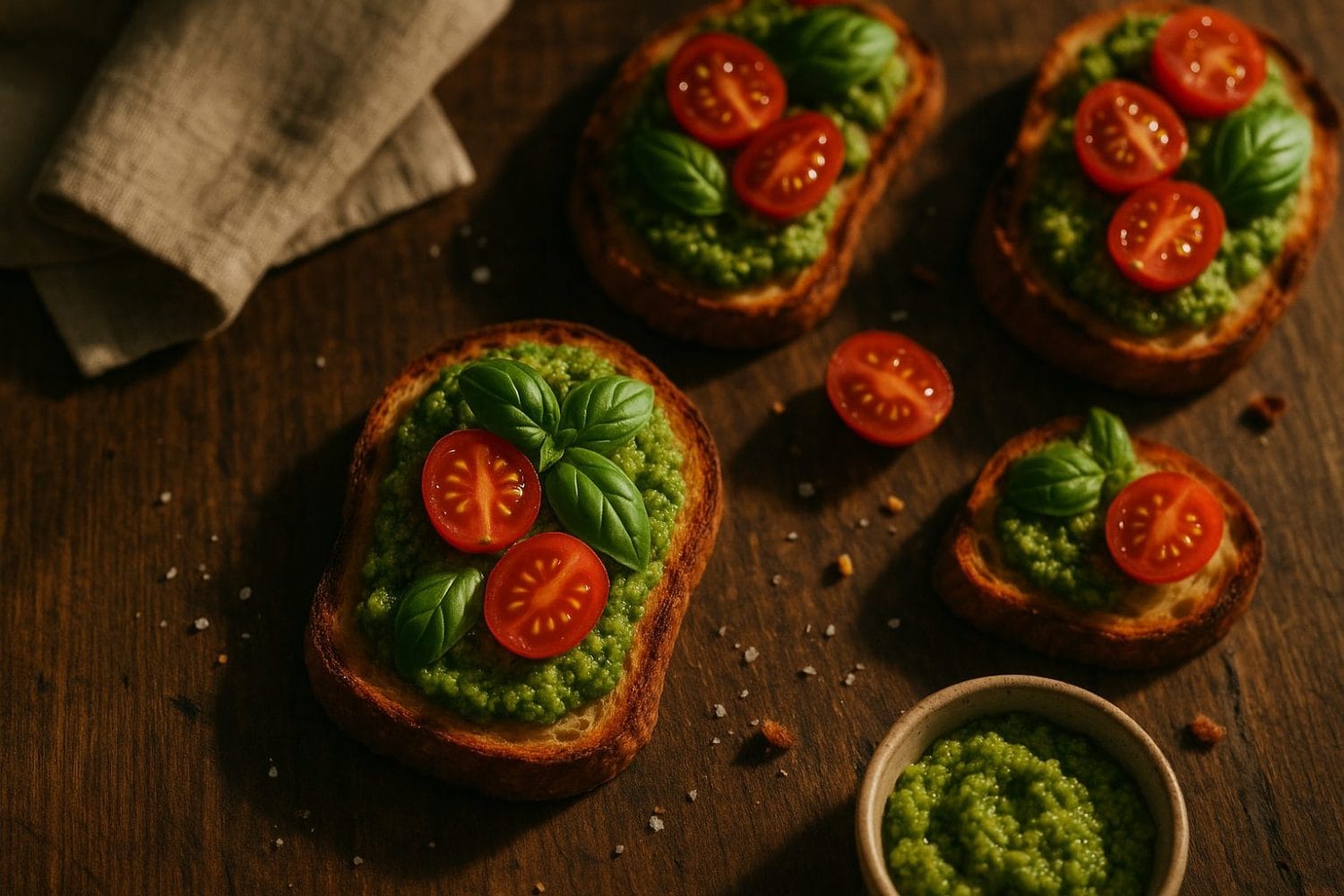 Πράσινο pesto κουνουπιδιού σε ζεστές μπρουσκέτες με φρέσκο βασιλικό και ντοματίνια, σε rustic ξύλινο τραπέζι.