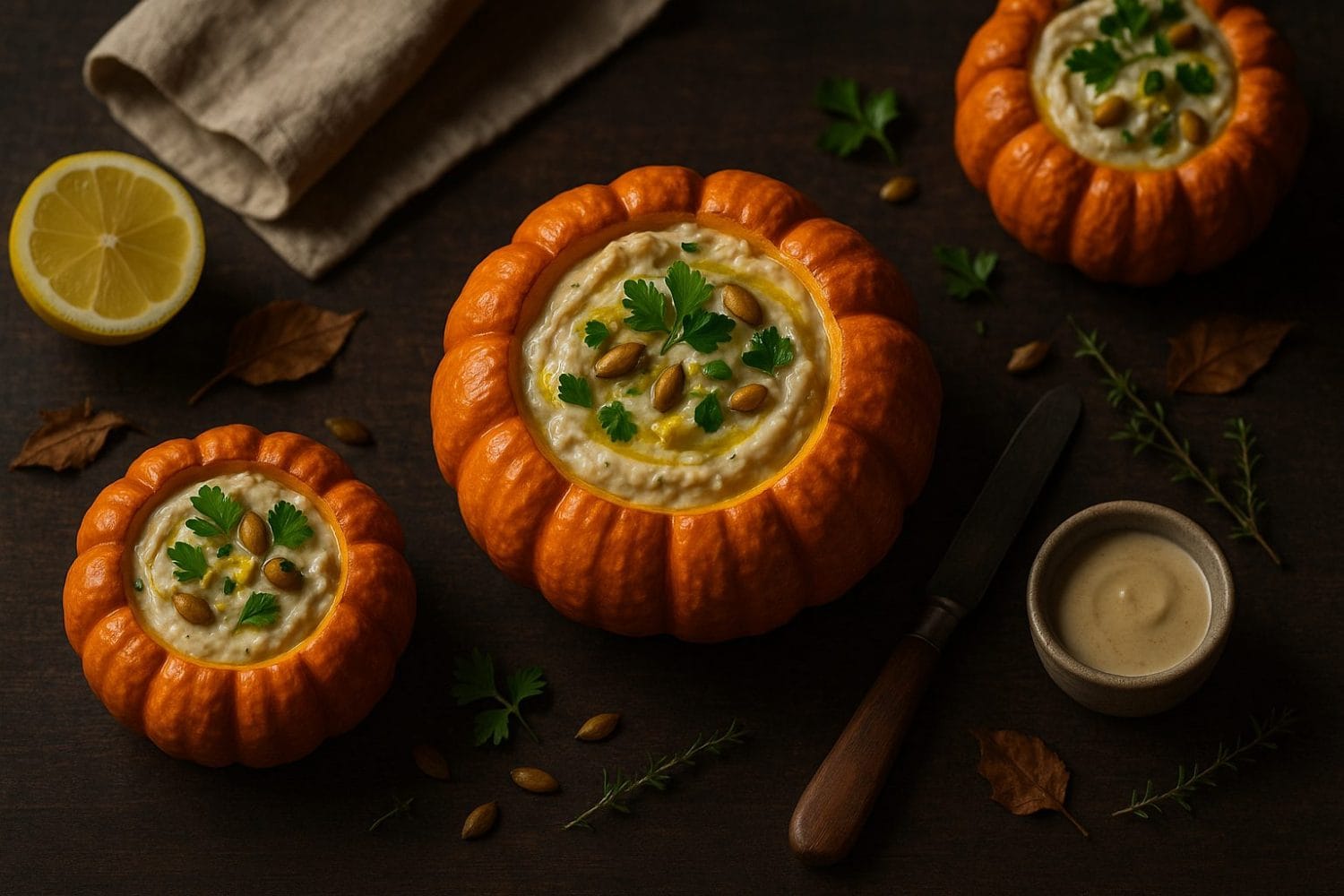Halloween friendly τονοσαλάτα με ταχίνι & λεμόνι σε μίνι κολοκύθες, γαρνιρισμένη με μαϊντανό και κολοκυθόσπορους — θεματικό σερβίρισμα Halloween.
