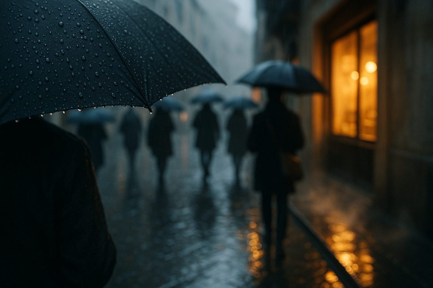 Ανοσία πριν τις πρώτες βροχές του Νοέμβρη: βρεγμένος δρόμος πόλης με ανθρώπους κάτω από ομπρέλες και ζεστό φως βιτρίνας στο βάθος.