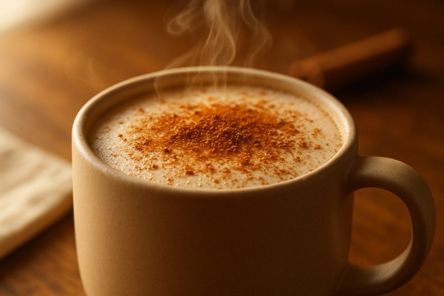 Light pumpkin spice latte χωρίς ζάχαρη, αχνιστό με πασπάλισμα κανέλας σε κεραμική κούπα.