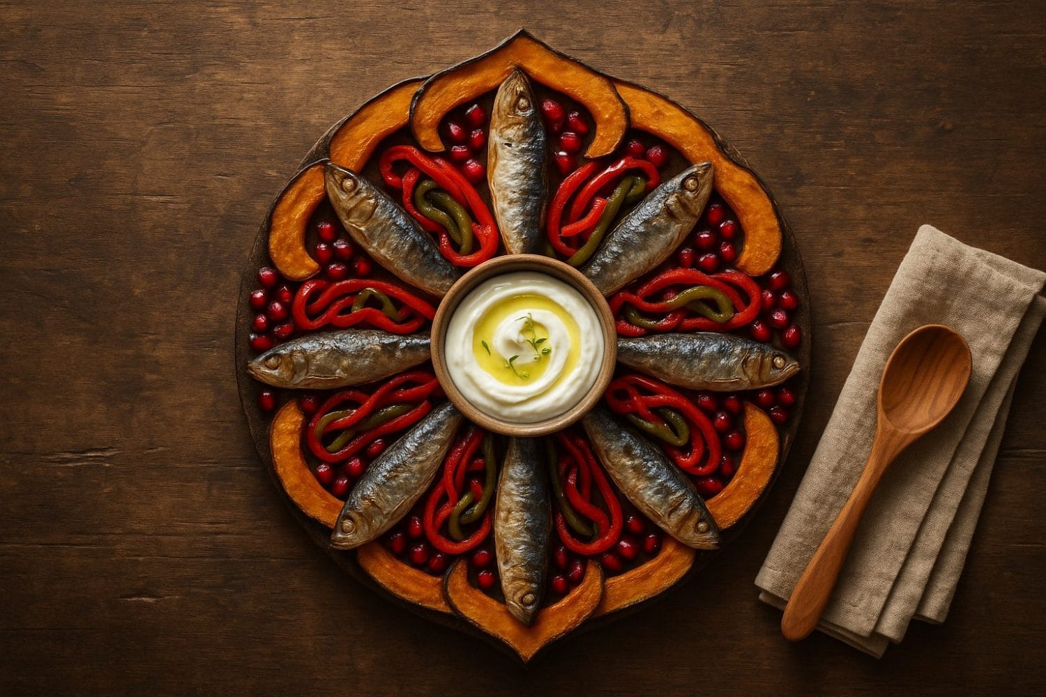 Διατροφική ασπίδα: μαντάλα με σαρδέλες, κολοκύθα, πιπεριές, ρόδι και μπολ γιαουρτιού στο κέντρο.