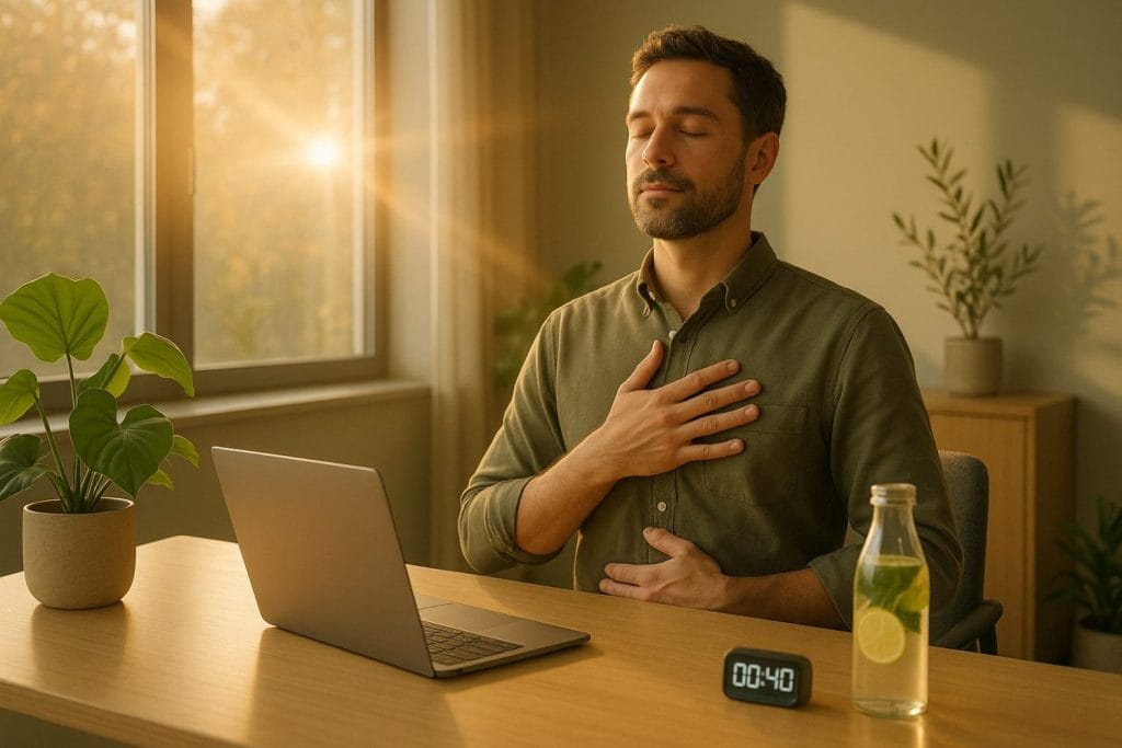 Micro breaks στο γραφείο: επαγγελματίας κάνει 40″ green & breathing reset (χέρια σε στήθος/κοιλιά) δίπλα σε laptop, χρονόμετρο 00:40 και μπουκάλι νερού με λεμόνι.