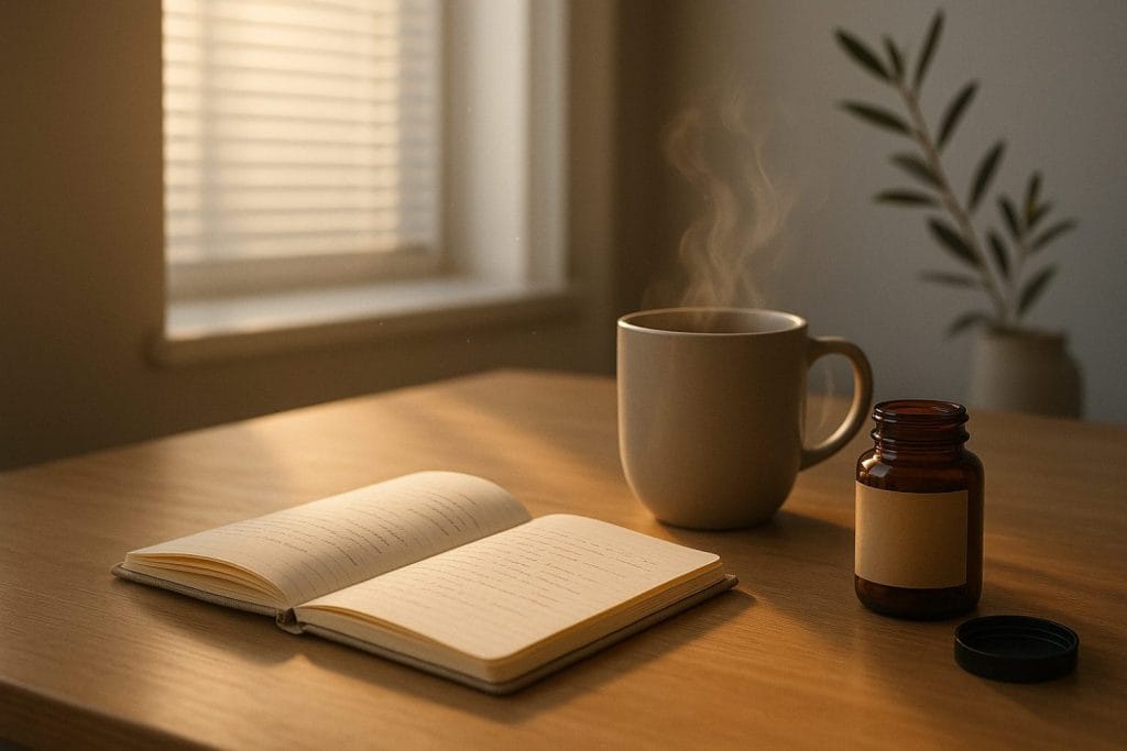 Ασφαλή nootropics για ομαλή επιστροφή στο γραφείο — minimal γραφείο με κούπα, ανοιχτό σημειωματάριο και καφέ φιαλίδιο (NMTA®)