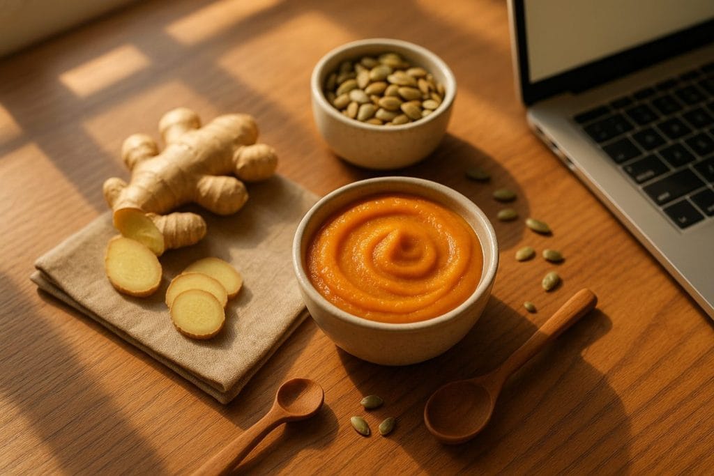 Seasonal snacking στο γραφείο: κρεμώδης κολοκύθα με τζίντζερ και σπόρους κολοκύθας (pepitas) δίπλα σε laptop, για καθαρή σκέψη.