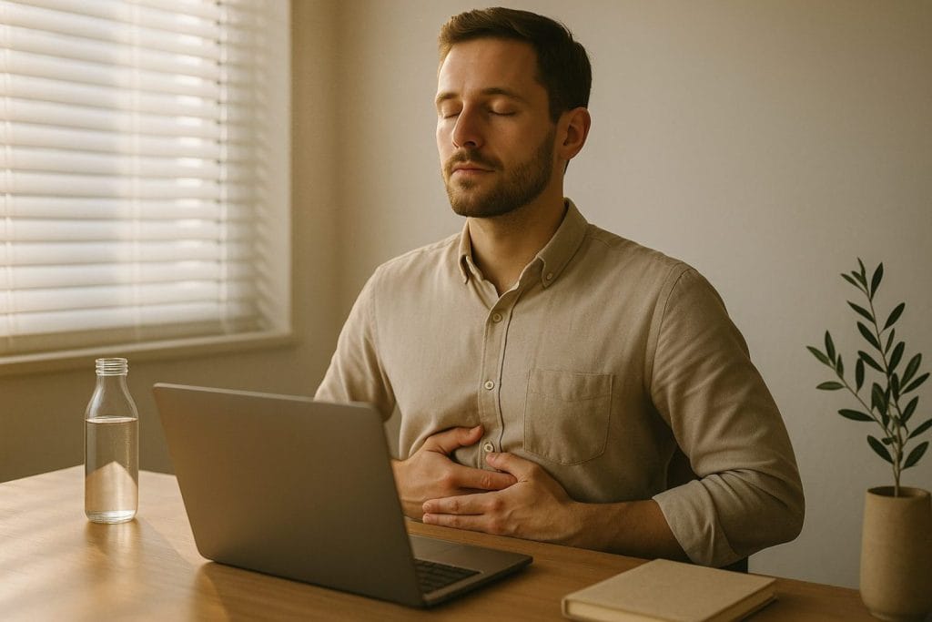 Mindfulness για calendar overload στο γραφείο: 2′ ήρεμη παύση με κλειστά μάτια και χέρια στην κοιλιά, μπροστά σε laptop· μπουκάλι νερού στο πλάι.