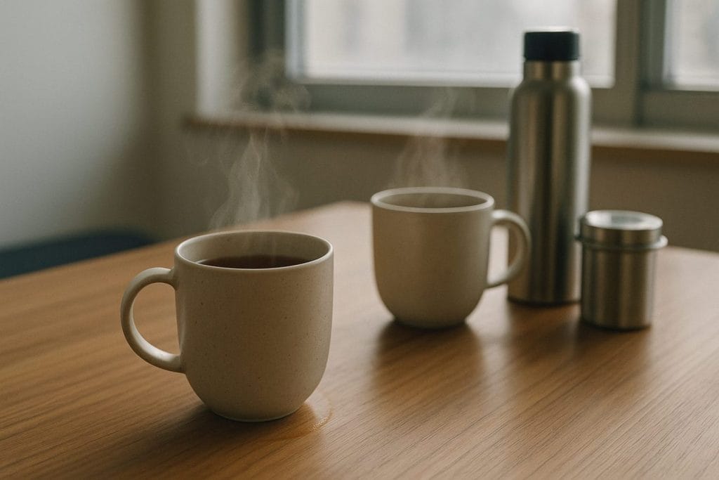 Ζεστά ροφήματα χωρίς καφεΐνη σε open‑plan γραφείο — δύο αχνιστές κούπες δίπλα σε θερμός, ιδανικές για ήπια ζεστασιά και ενυδάτωση.
