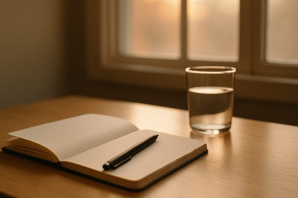 Digital‑detox plan — ανοιχτό σημειωματάριο και ποτήρι νερό στο πρωινό φως, ήσυχο γραφείο για ήρεμη έναρξη.