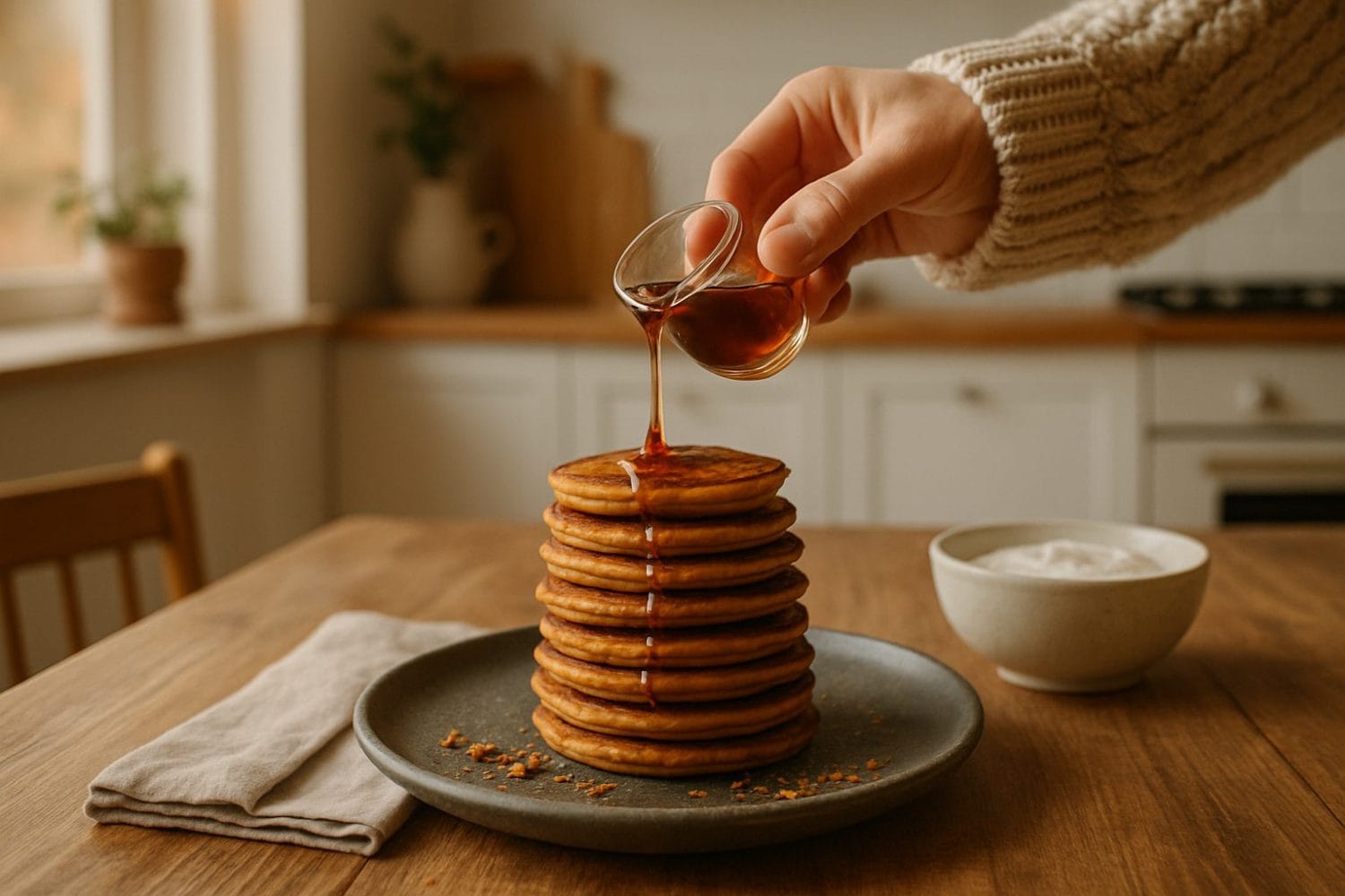 gluten free pumpkin pancakes stacked high with warm maple drizzle on a cozy Sunday kitchen table